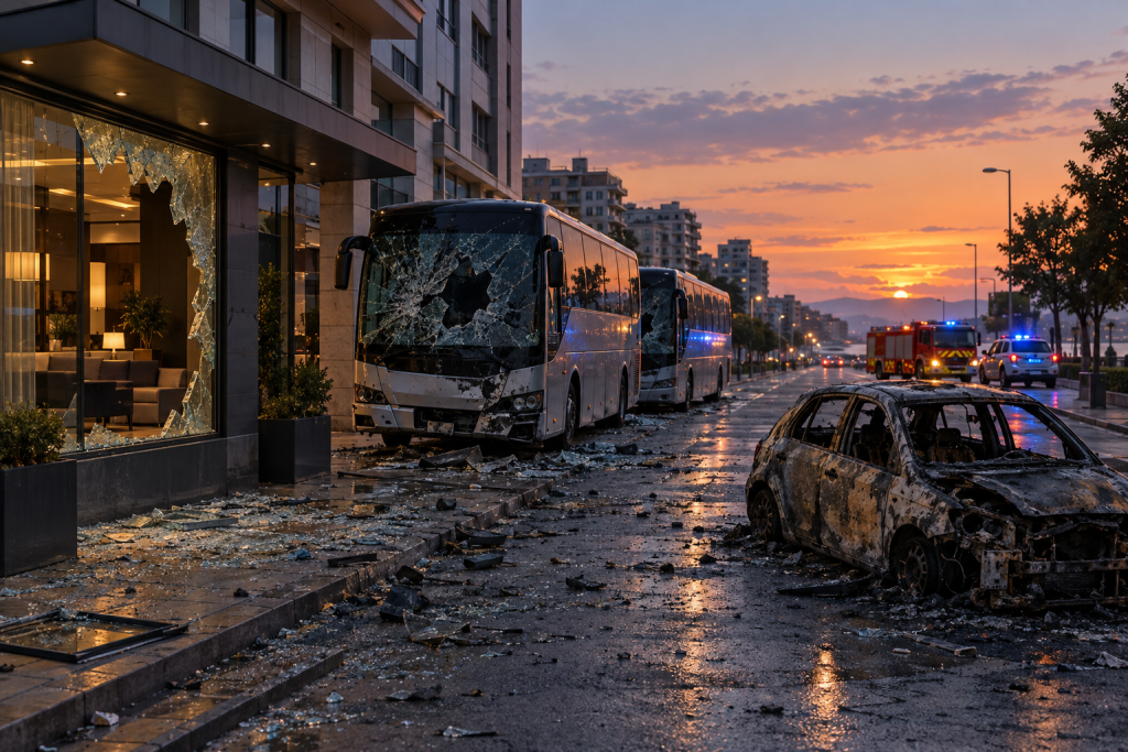 символічна сцена міського вулиці з розбитими вікнами готелю, двома автобусами та одним спаленим автомобілем
