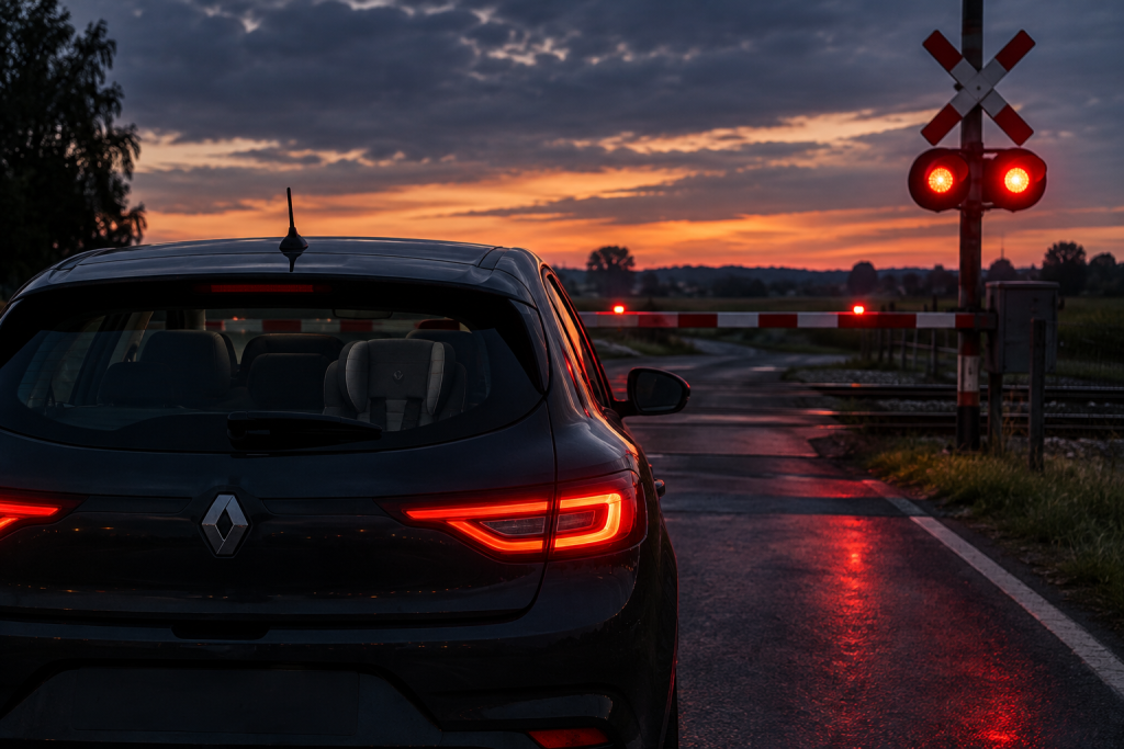 Renault Megane біля залізничного переїзду, миготливі червоні сигнали, без людей