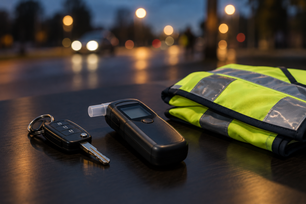 ключі від автомобіля поруч із портативним алкотестером та складеним світловідбивачем поліції на столі