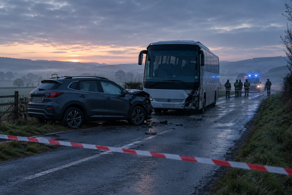 Побутова сцена: пошкоджений позашляховик і рейсовий автобус на сільській дорозі вранці, стрічка та силуети рятувальників без облич