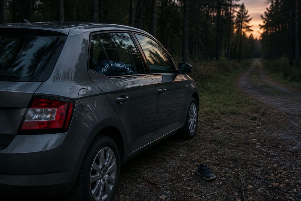 Піктограмна сцена: припаркована сіра Škoda Fabia біля лісу і дитяче взуття поруч
