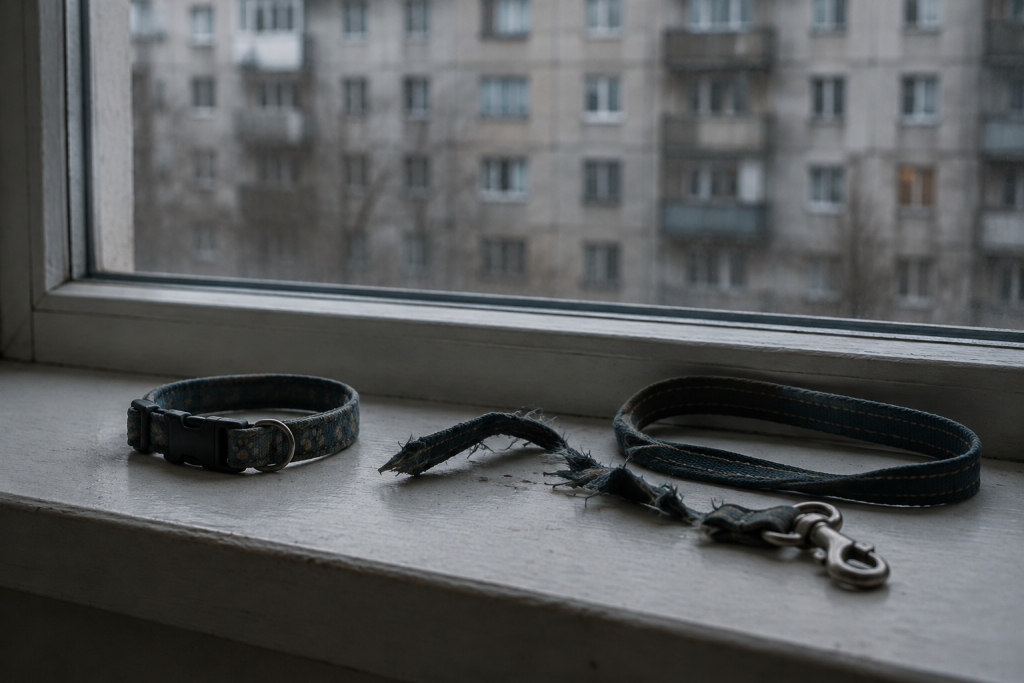порожній нашийник і порваний повідець на підвіконні, символічна сцена