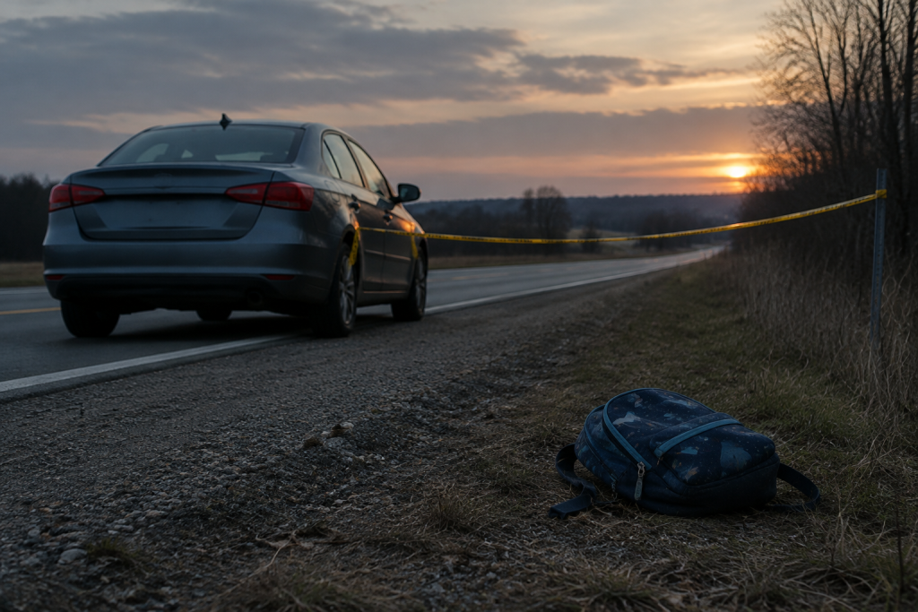 символічна сцена: припаркований автомобіль, поліцейська стрічка та дитячий рюкзак на узбіччі