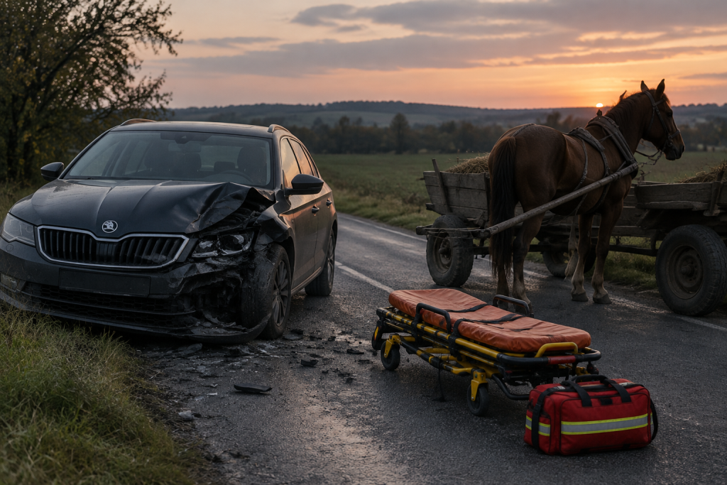 символічна сцена: пошкоджена Škoda поруч із гужовою підводою на сільській дорозі ввечері