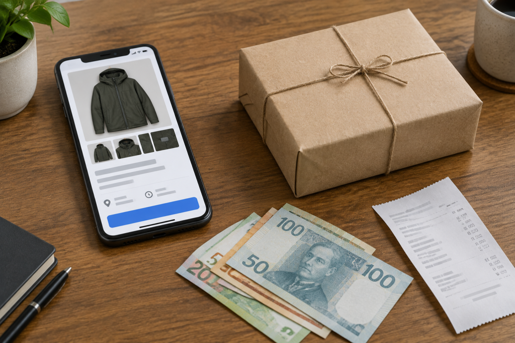 смартфон із оголошенням OLX, коробка з курткою й розкидані гроші на столі