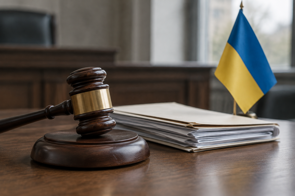 крупний план судового молотка, паперів і невеликого прапора України на дерев'яному тлі