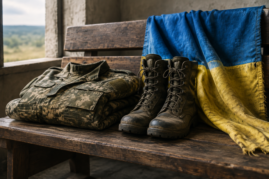 Символічні військові речі та прапор України на лаві