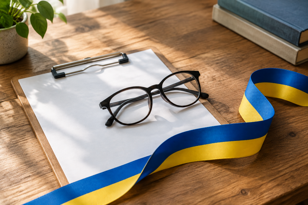 Кліпборд, окуляри і синьо-жовта стрічка на дерев’яному столі