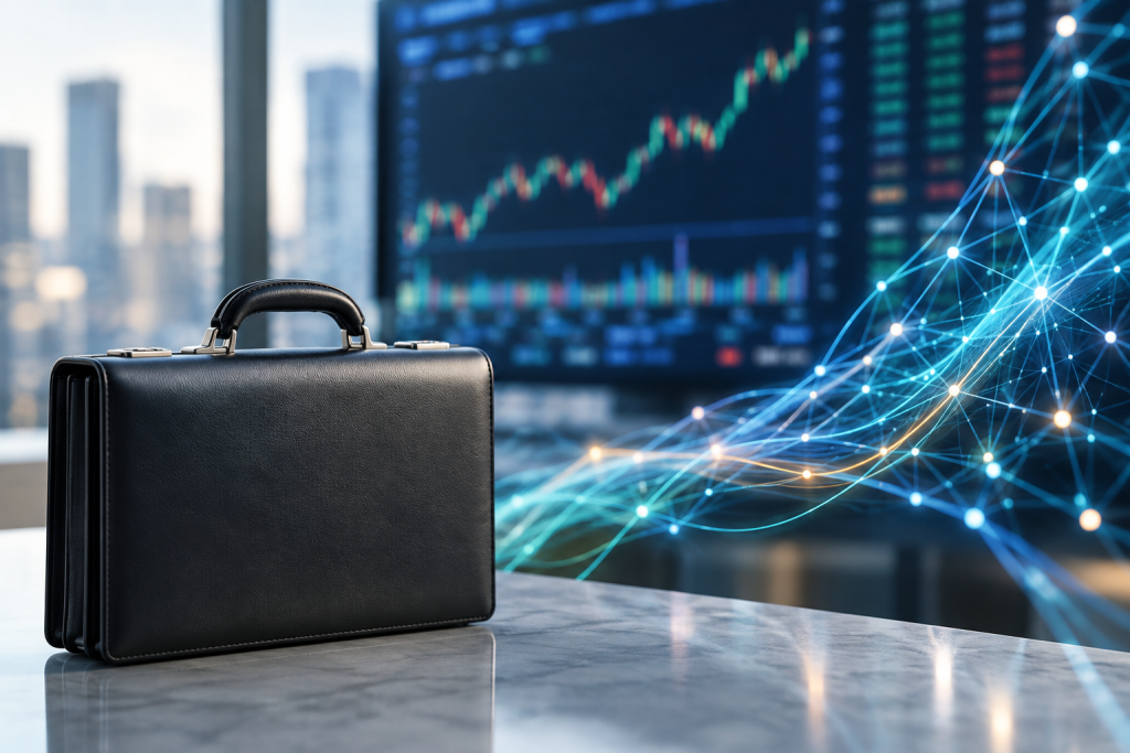 символічна ілюстрація: портфель, екран біржі Nasdaq та стилізовані нитки мережі