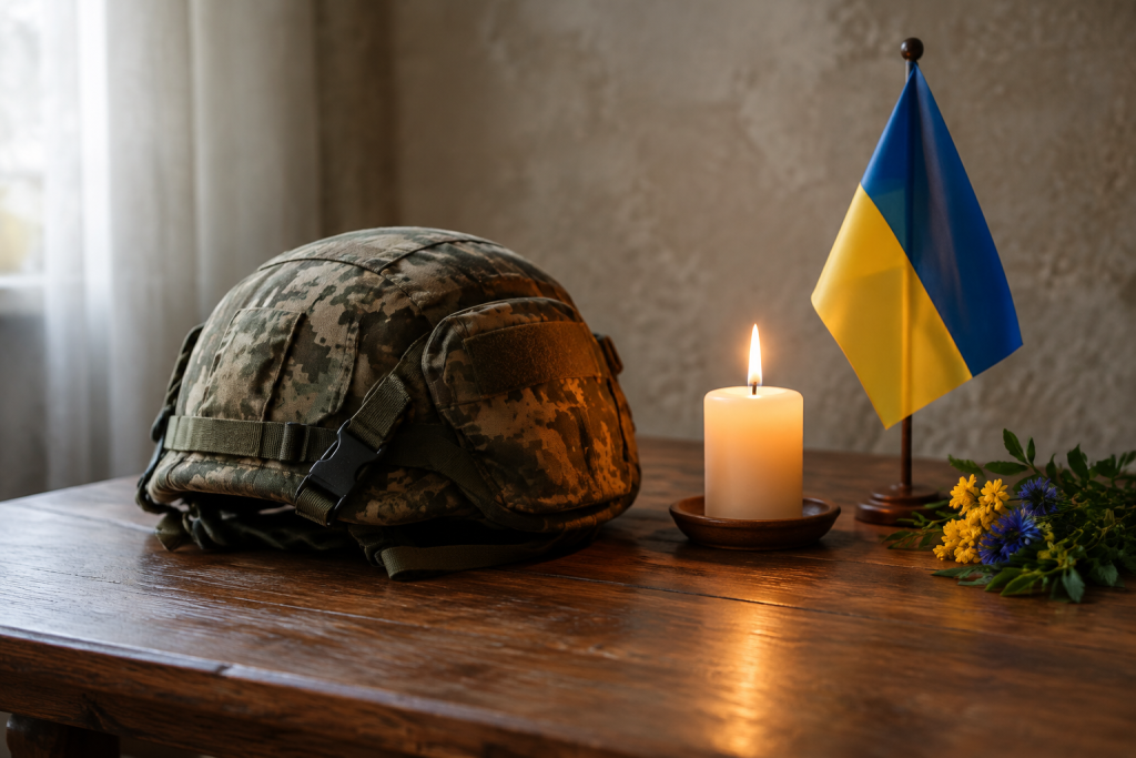 згорблений військовий шолом, свічка й маленький прапорець України на дерев'яному столі, помірне тепле освітлення