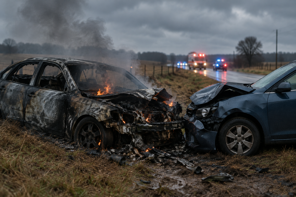 Символічне фото: два автомобілі на сільській дорозі, одне авто з ознаками горіння, у фоні розмиті маячки спецтранспорту