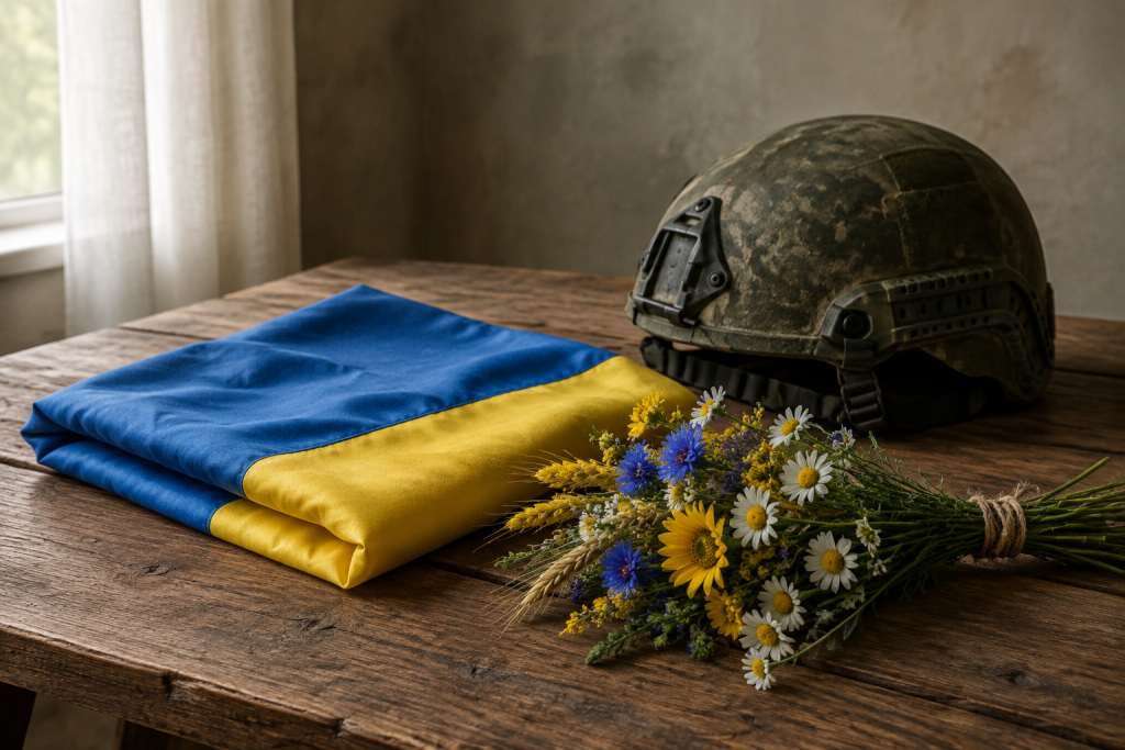 складений український прапор, шолом і букет польових квітів на дерев'яному столі