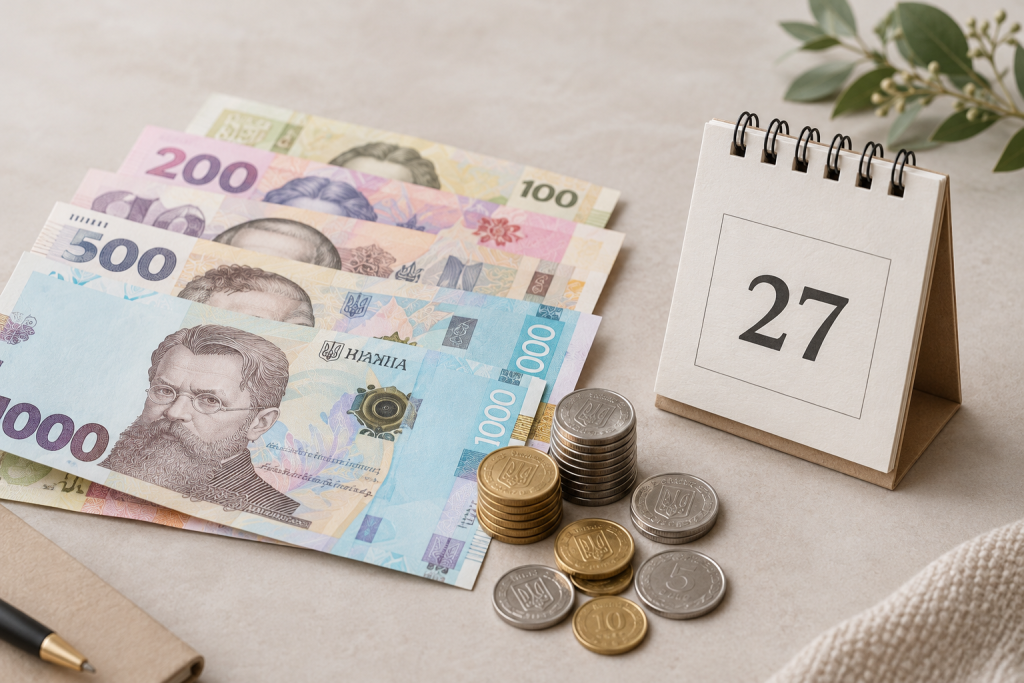 Українські банкноти та монети біля календаря з датою 27 жовтня