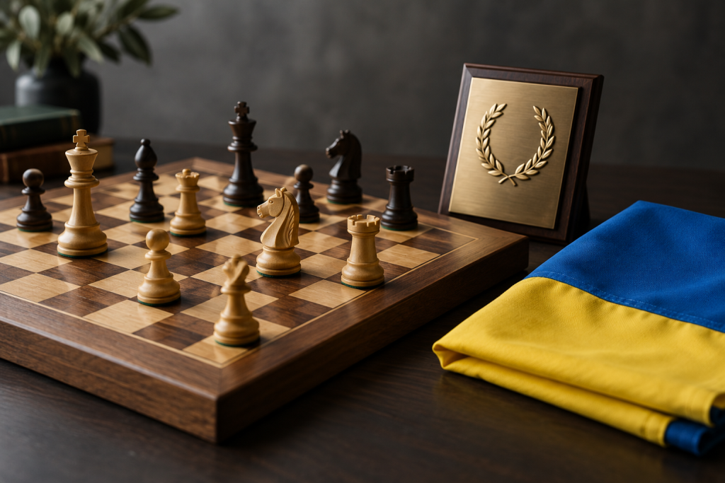 Шахова дошка з класичними фігурами та почесною табличкою, поряд – складений український прапор