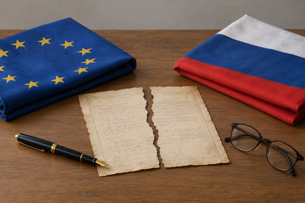 символічна натюрмортна сцена зі складеними регіональними прапорами та порваною угодою