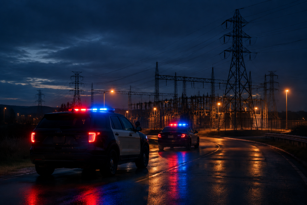 поліцейські патрульні автомобілі вночі поруч із енергетичною інфраструктурою