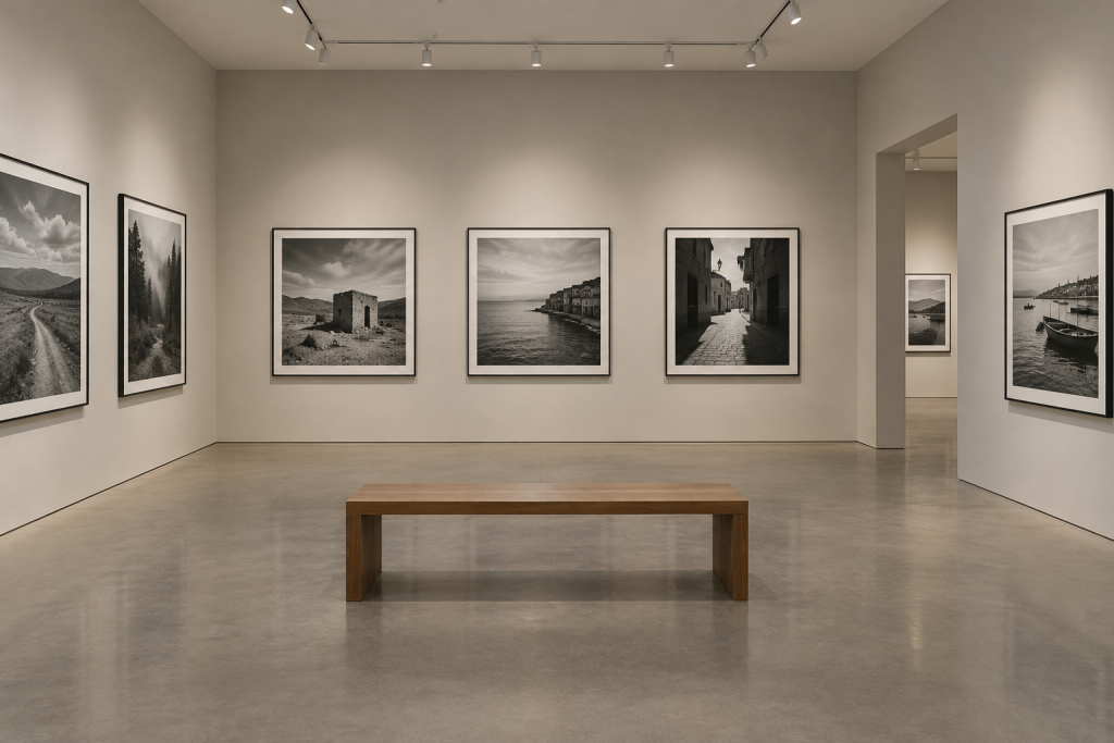 порожня виставкова зала з рамами та дерев’яною лавкою