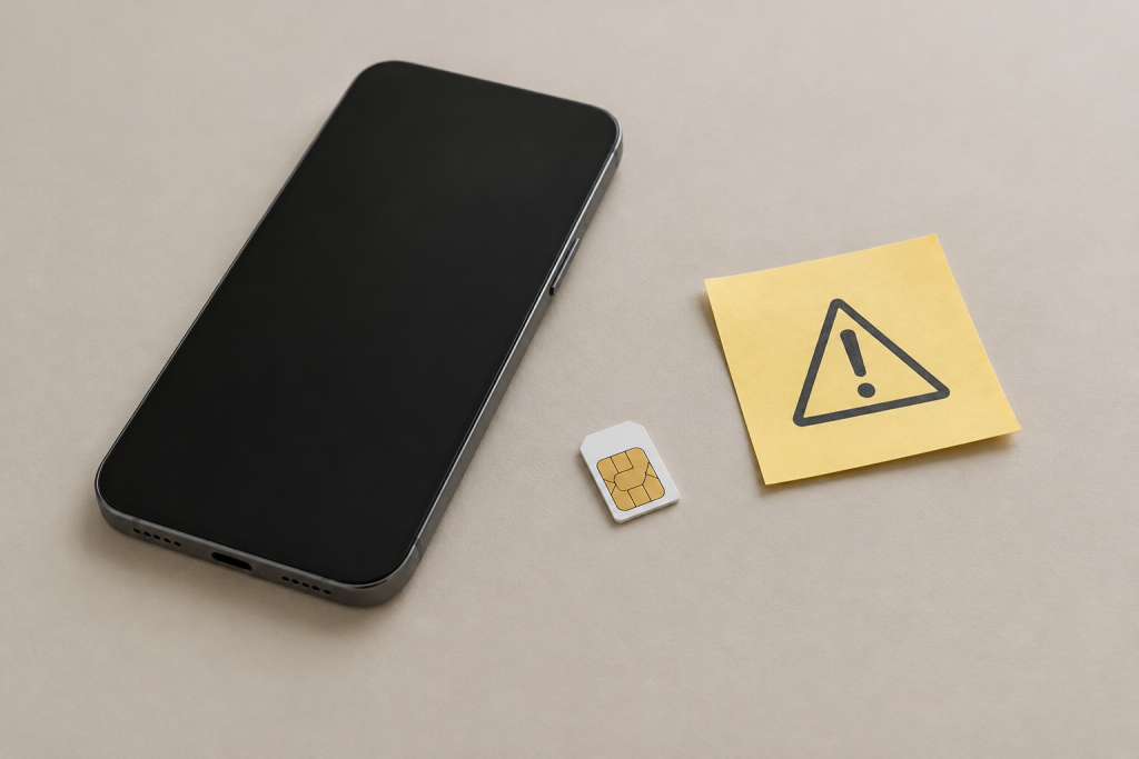 Смартфон із SIM‑картою і іконкою попередження на столі