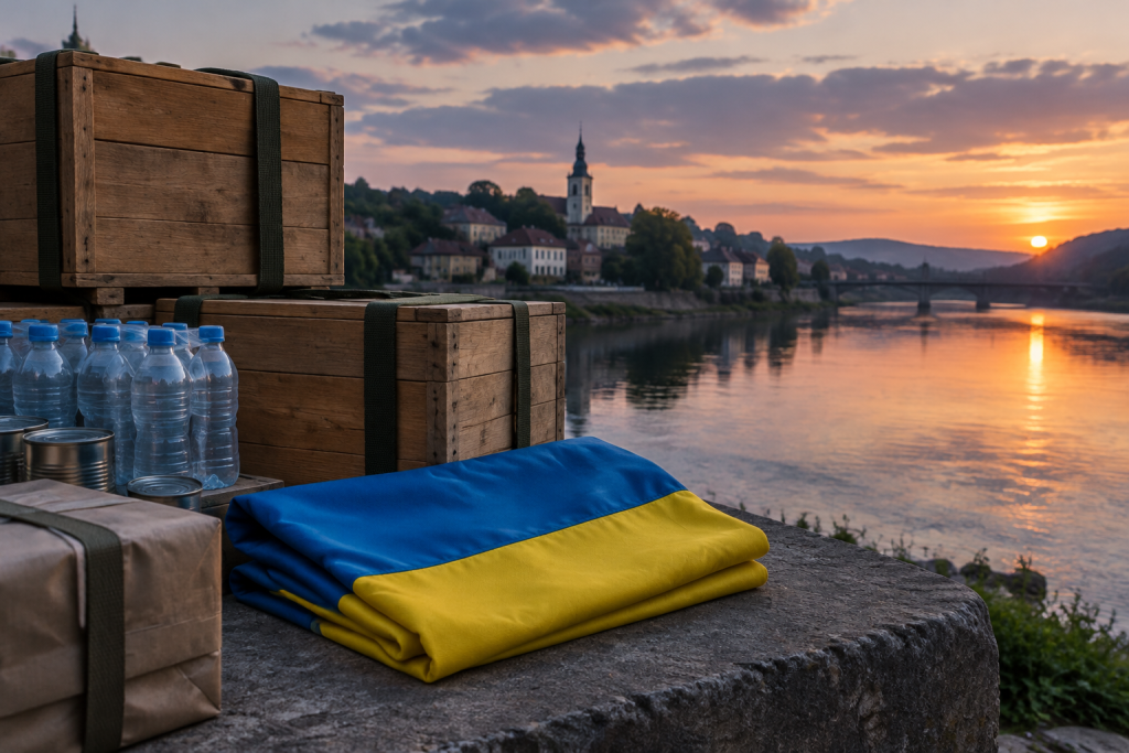 символічна сцена гуманітарної допомоги біля річки, без людей