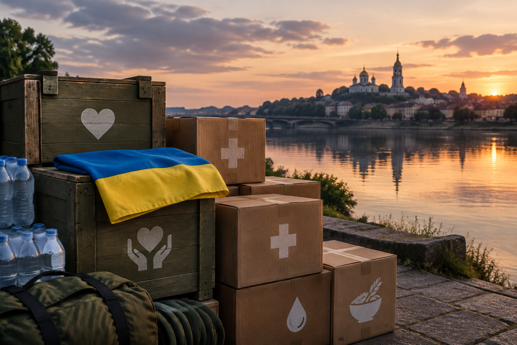 символічна сцена гуманітарної допомоги біля річки, без людей