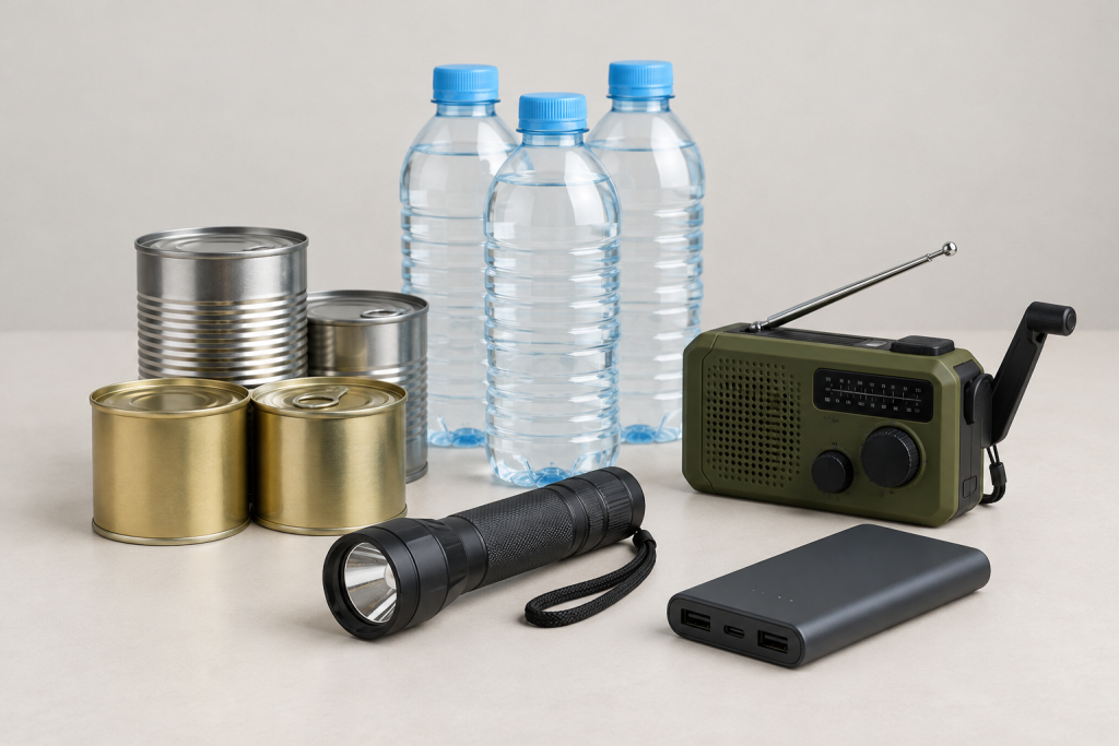 символічна предметна сцена: консерви, вода, ліхтар, заводне радіоприймач і павербанк