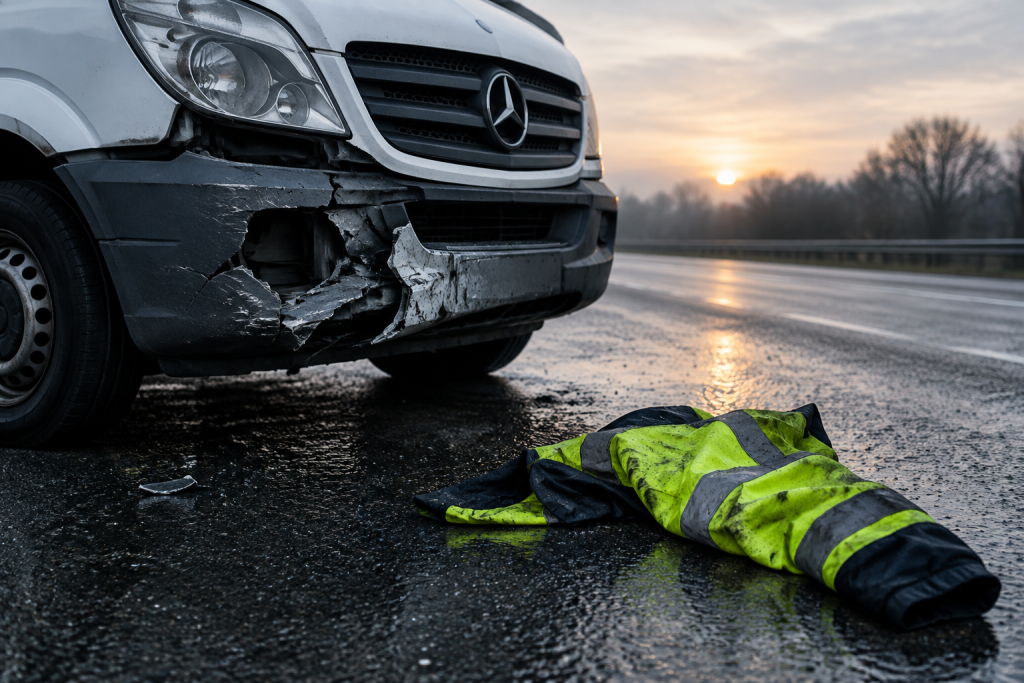 зображення розбитого передка Mercedes Sprinter та покинутої куртки пішохода на мокрому асфальті, ранок