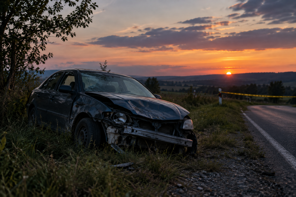 Пошкоджений автомобіль на узбіччі сільської дороги увечері, без людей