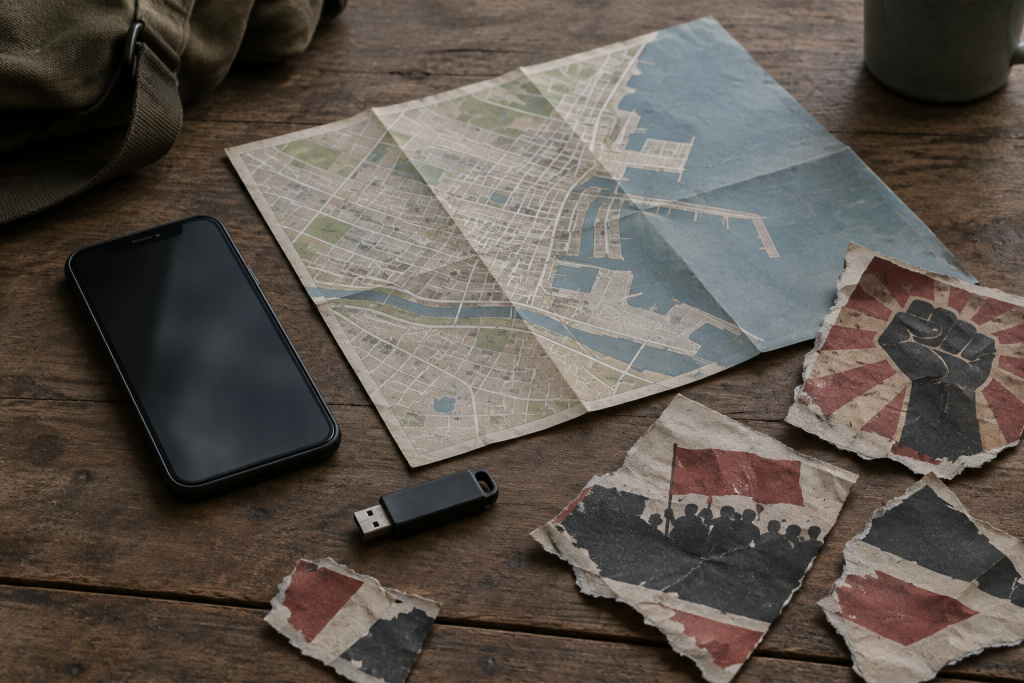 На столі вимкнений смартфон, карта порту без впізнаваних орієнтирів, USB-накопичувач і порвані листівки на фоні приглушеного світла