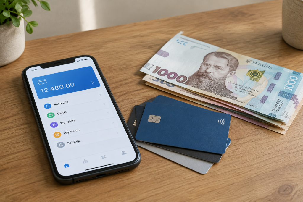 смартфон з відкритим банківським застосунком, банківські картки та купюри гривень на столі