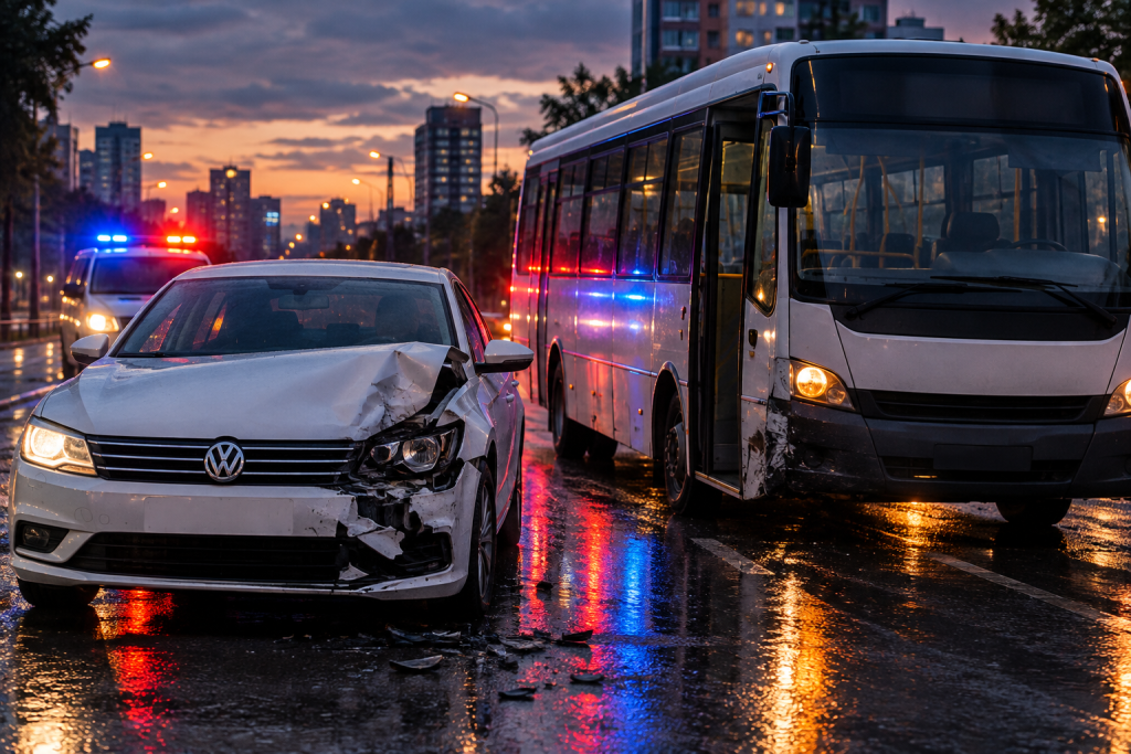 пошкоджений Volkswagen і міський мікроавтобус на мокрій вулиці ввечері, відблиски сигналів рятувальників, без впізнаваних облич чи логотипів