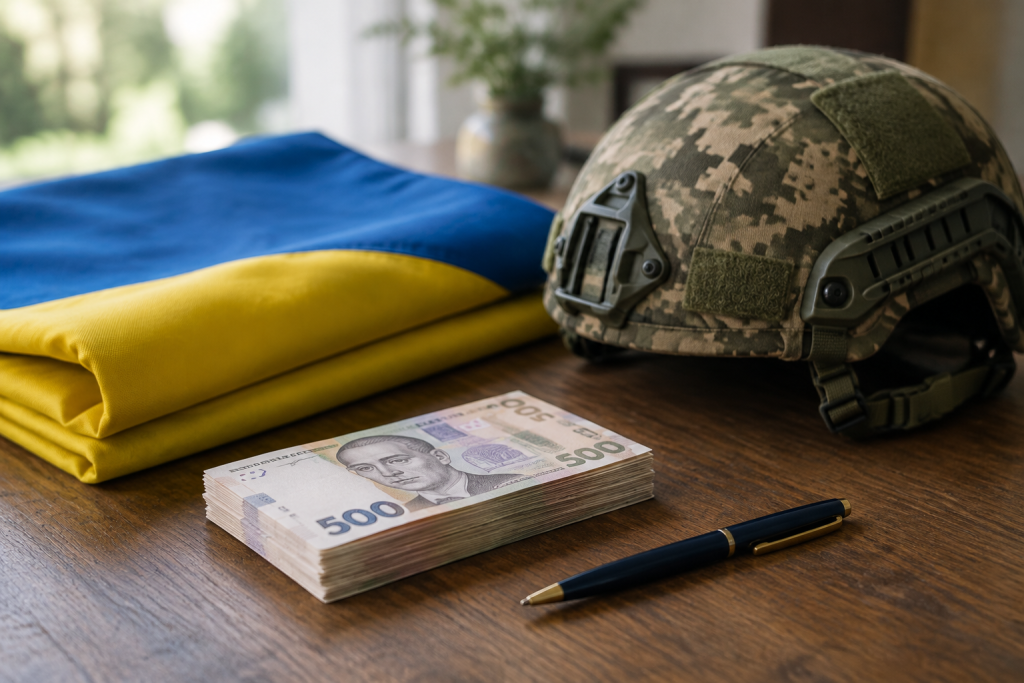 Символічна сцена: складений прапор України, шолом і купюри гривні на столі
