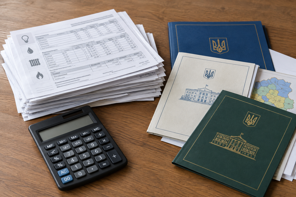 Пачка платіжок, калькулятор і документи місцевої влади на столі