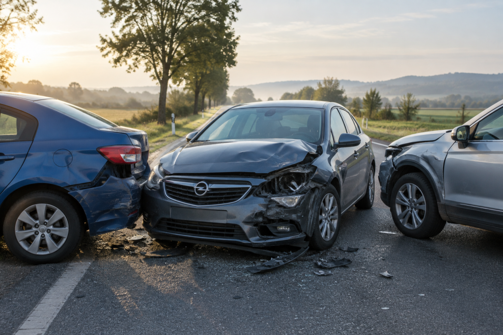 символічна сцена аварійних автомобілів на сільській дорозі, без людей