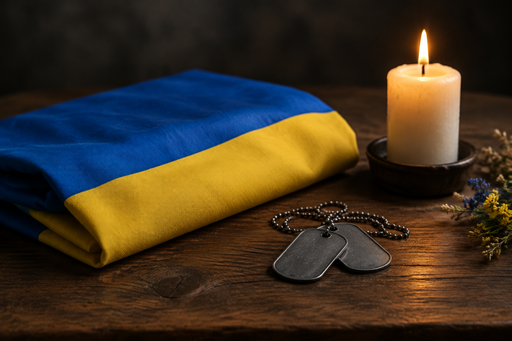 згорнутий державний прапор на дерев'яному столі поруч із солдатськими жетонами та запаленою свічкою