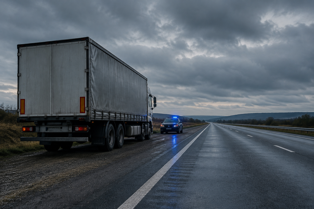 символічна сцена: вантажівка на узбіччі і службовий автомобіль із проблисковими маячками на дорозі, без людей