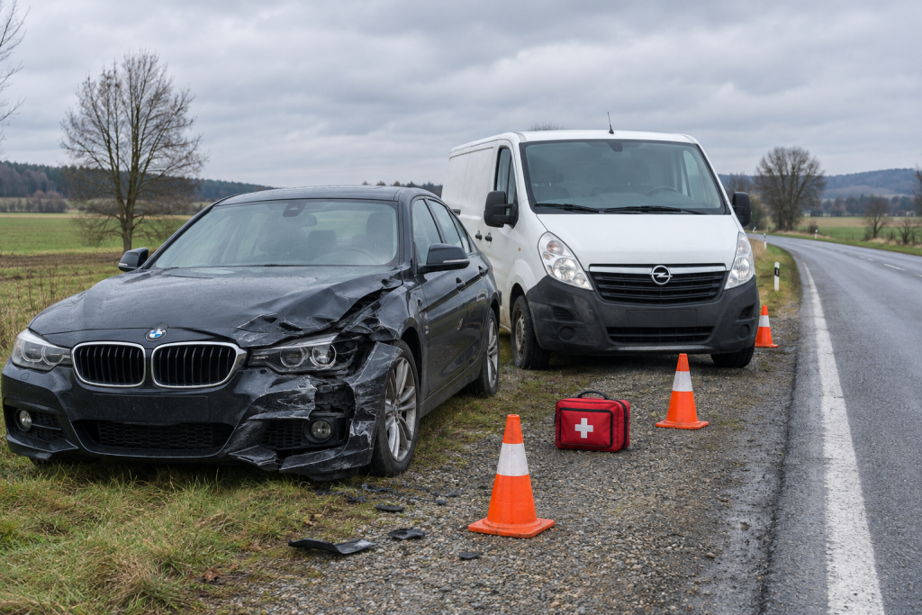 пошкоджені BMW і Opel біля сільської дороги, конуси та аптечка, без людей