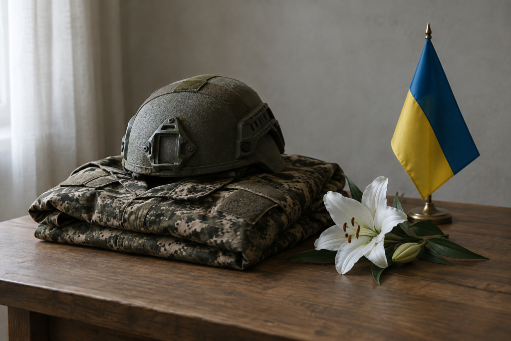 складена військова форма і шолом на дерев'яному столі з білою лілією й маленьким прапором України