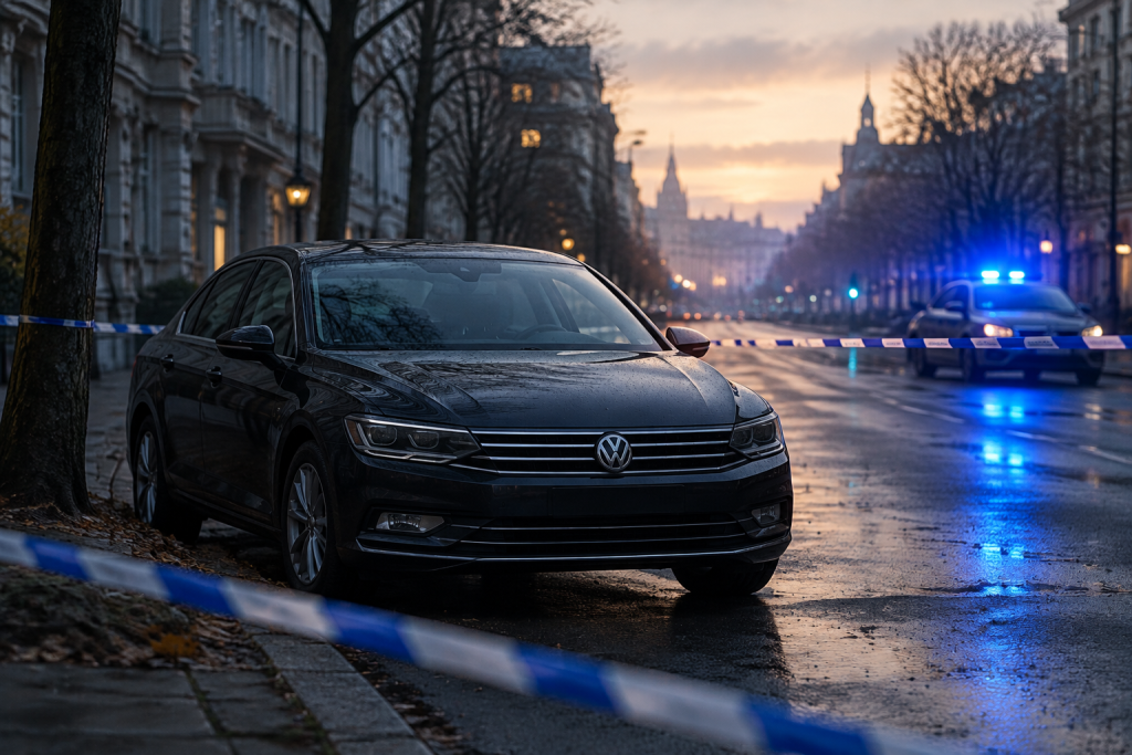 Volkswagen Passat на проспекті ввечері з поліційною стрічкою і проблисками, без людей