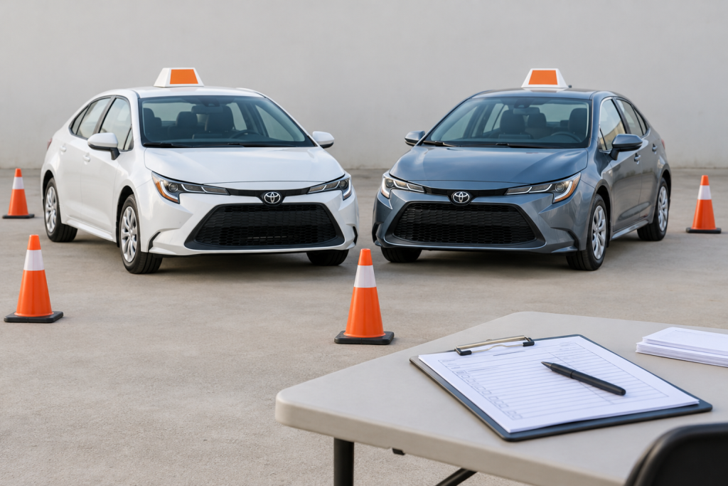 два сучасні автомобілі Toyota Corolla поруч із навчальними конусами та папками з документами