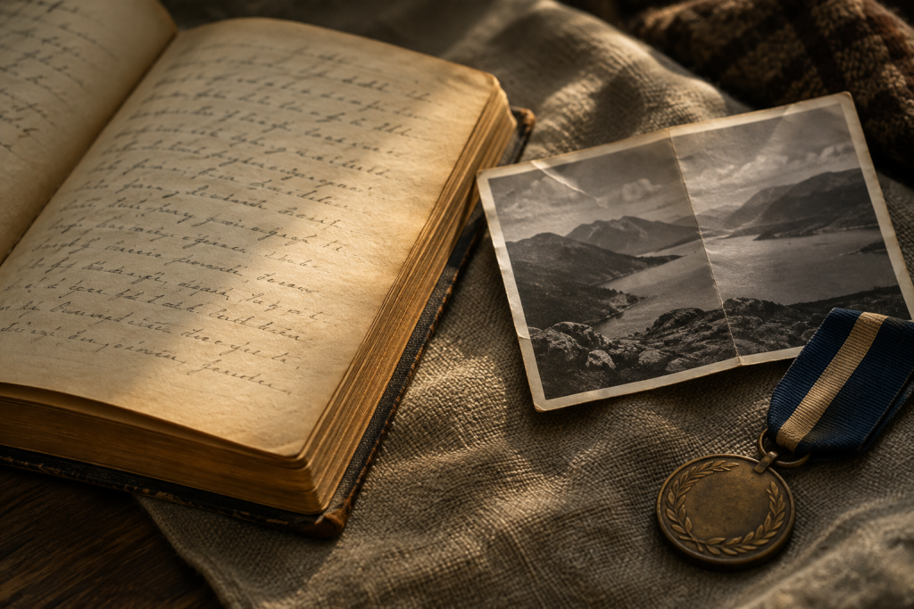 крупний план відкритої книги споминів, фотографії та ордена на тканині