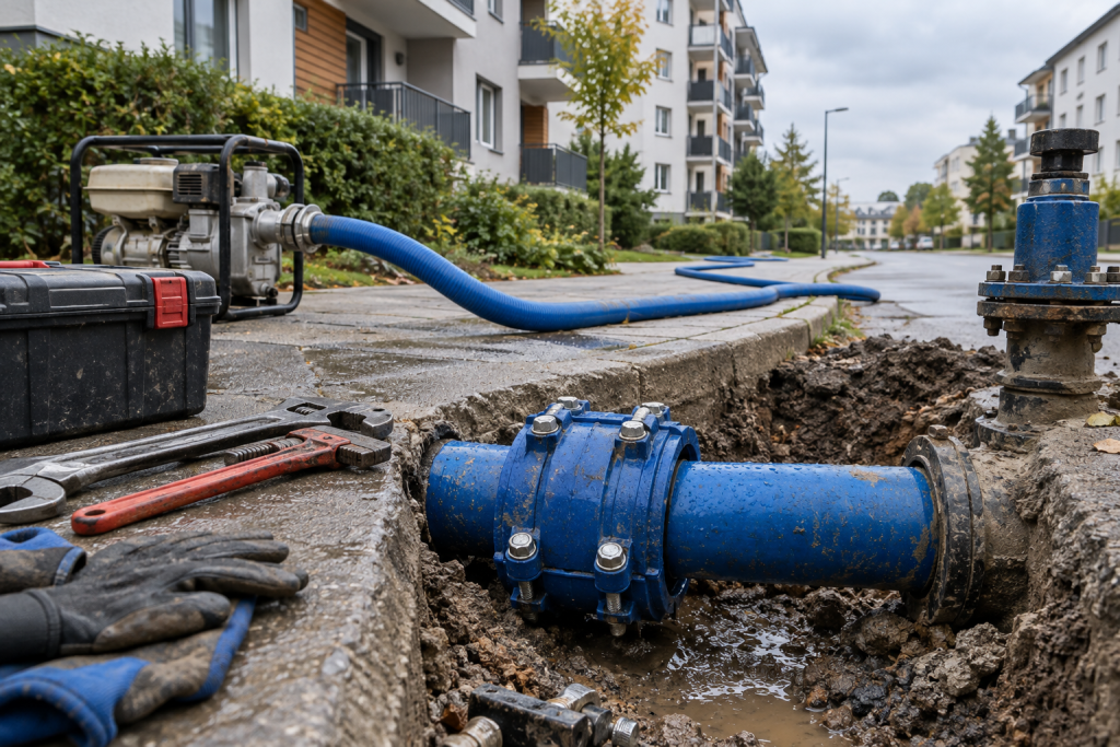 ремонт водопроводу на вулиці поруч із багатоповерхівками