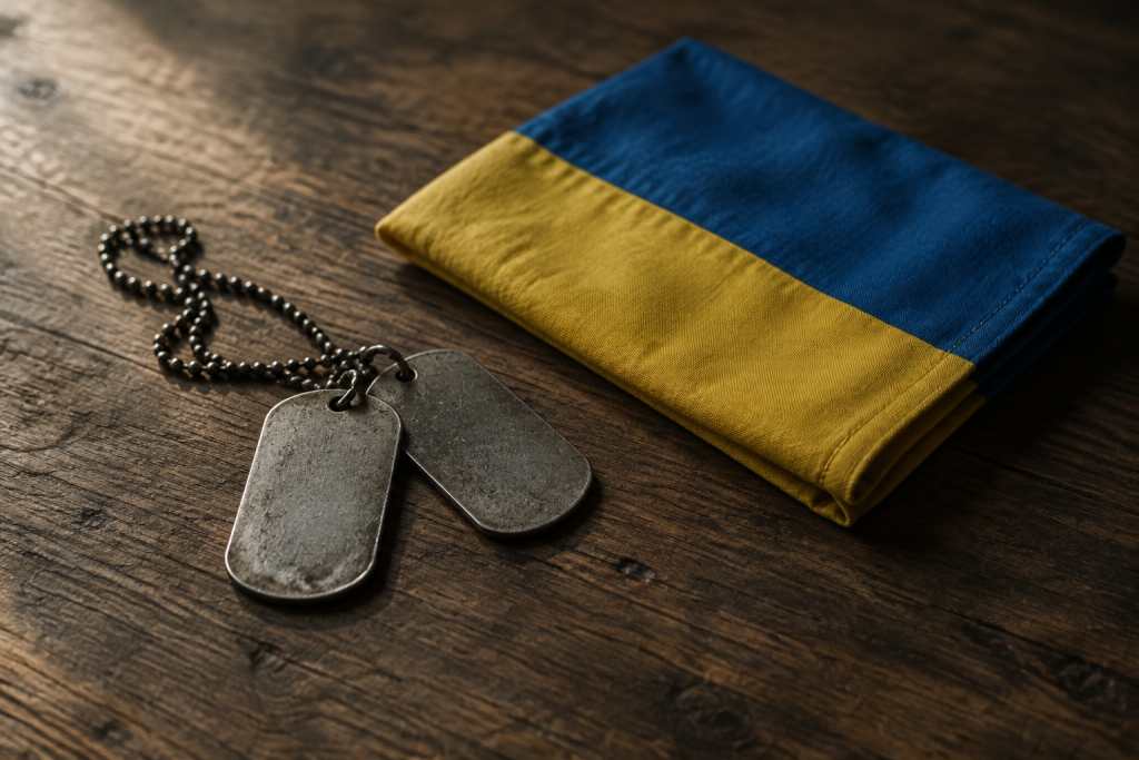 Жетон військового на дерев’яному столі поруч зі складеним синьо‑жовтим прапорцем