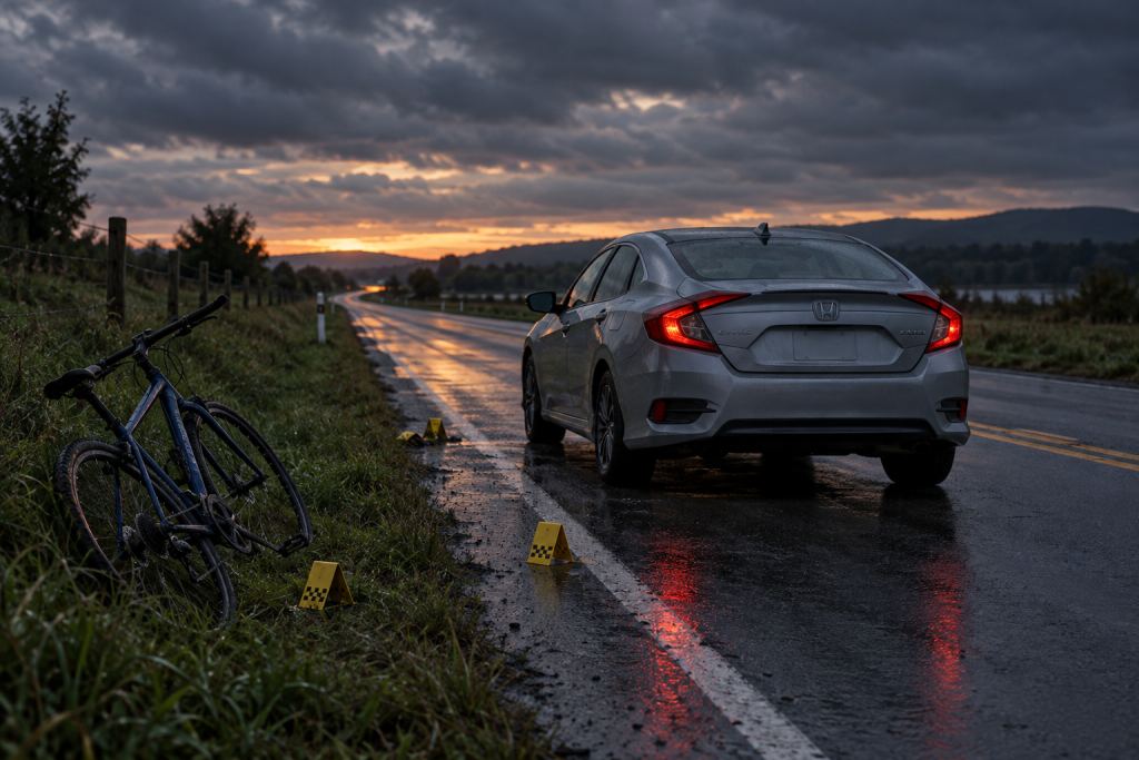 Дорога ввечері з припаркованою Honda та велосипедом біля узбіччя, поліційні маркери, без людей