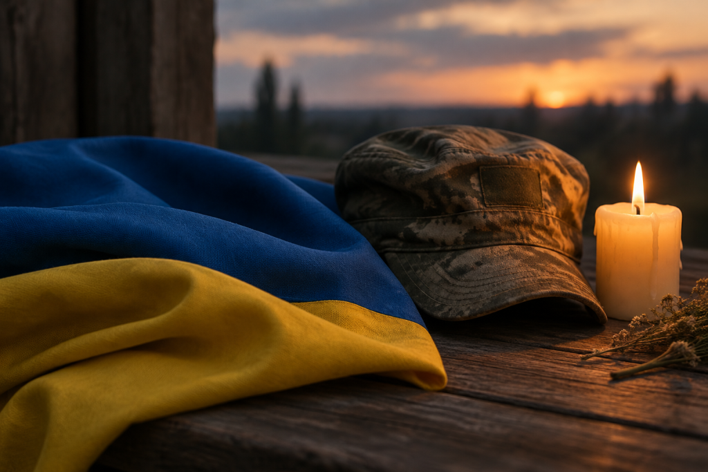 складений синьо-жовтий матеріял, військова кашкет і запалена свічка на дерев'яній поверхні
