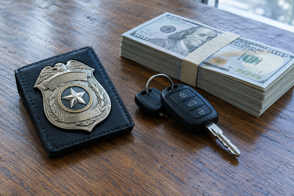 на столі поліцейський жетон, ключі від авто та пачка доларів, символічна сцена