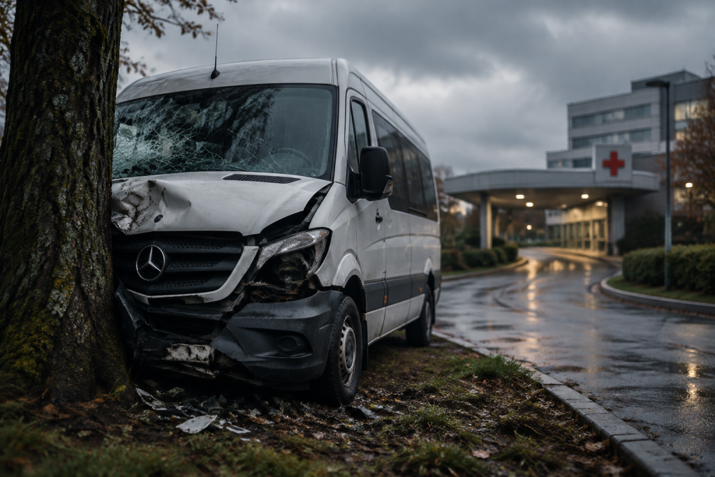 Пошкоджений білий Mercedes‑Benz, що врізався в дерево біля в'їзду до лікарні, без людей