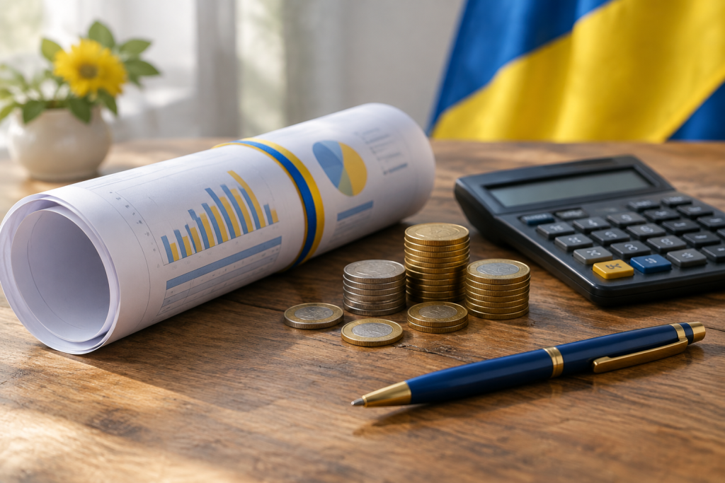 Згорнутий документ бюджету, калькулятор і монети на дерев'яному столі на тлі кольорів прапора України