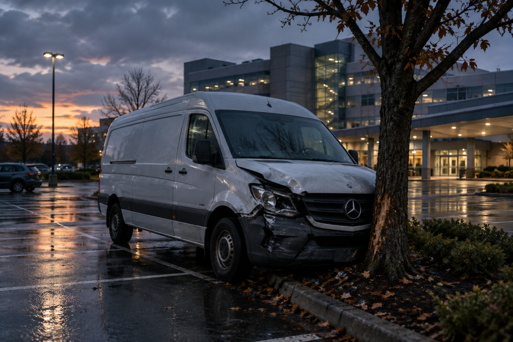 Фургон Mercedes‑Benz на паркінгу біля лікарні поруч із зламаним деревом