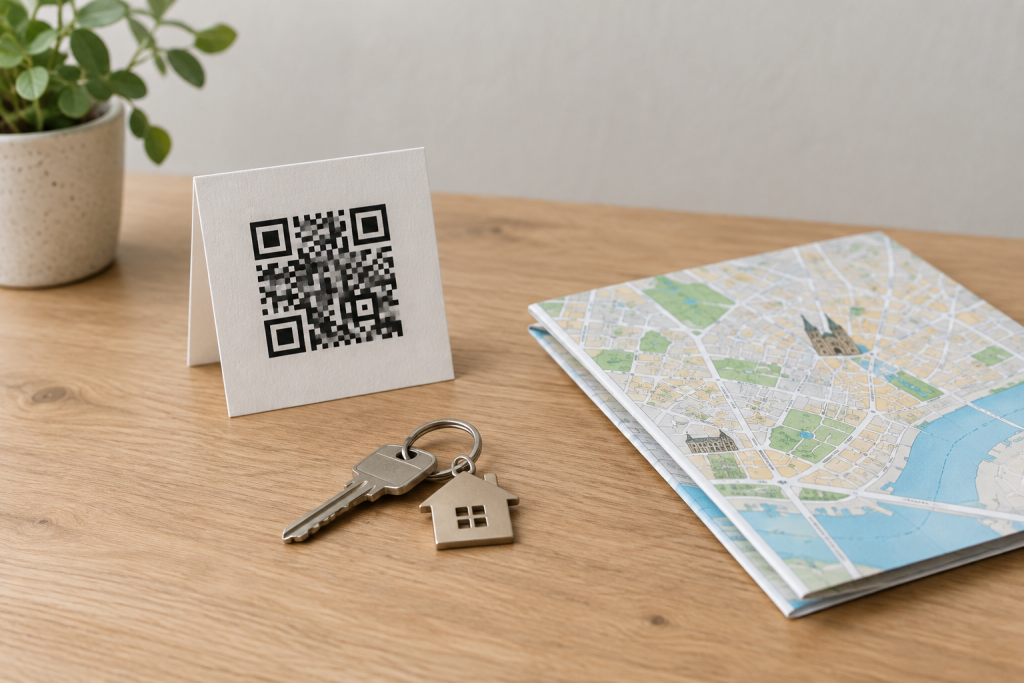 Картка з QR‑кодом на столі поруч із ключем та міні‑карткою міста