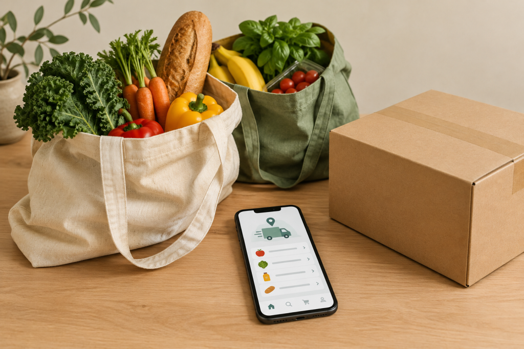 предметний натюрморт із пакетами продуктів, смартфоном із інтерфейсом додатку доставки та коробкою